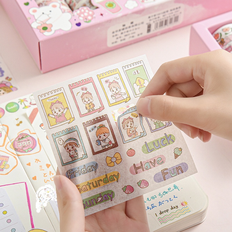 Hộp 20 món washi tape + sticker nhiều hình cute dễ thương, băng dính washi tape trang trí sổ tay đẹp mắt CREAMY