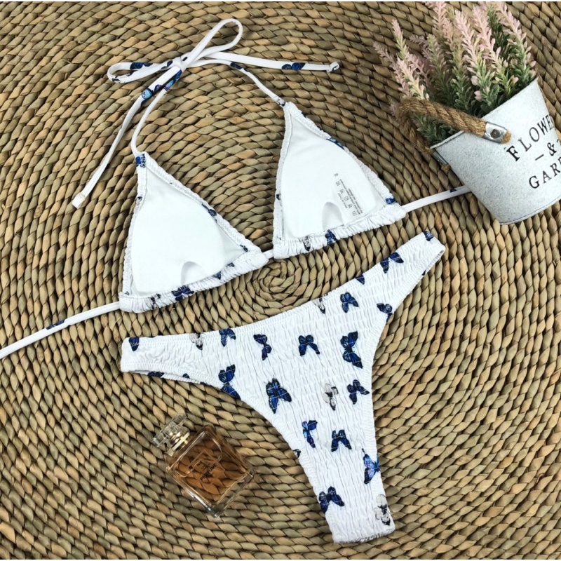 [BKN1077] &lt;ÂU&gt; SET BIKINI VẢI NHÚN HỒ ĐIỆP TRẮNG/XANH