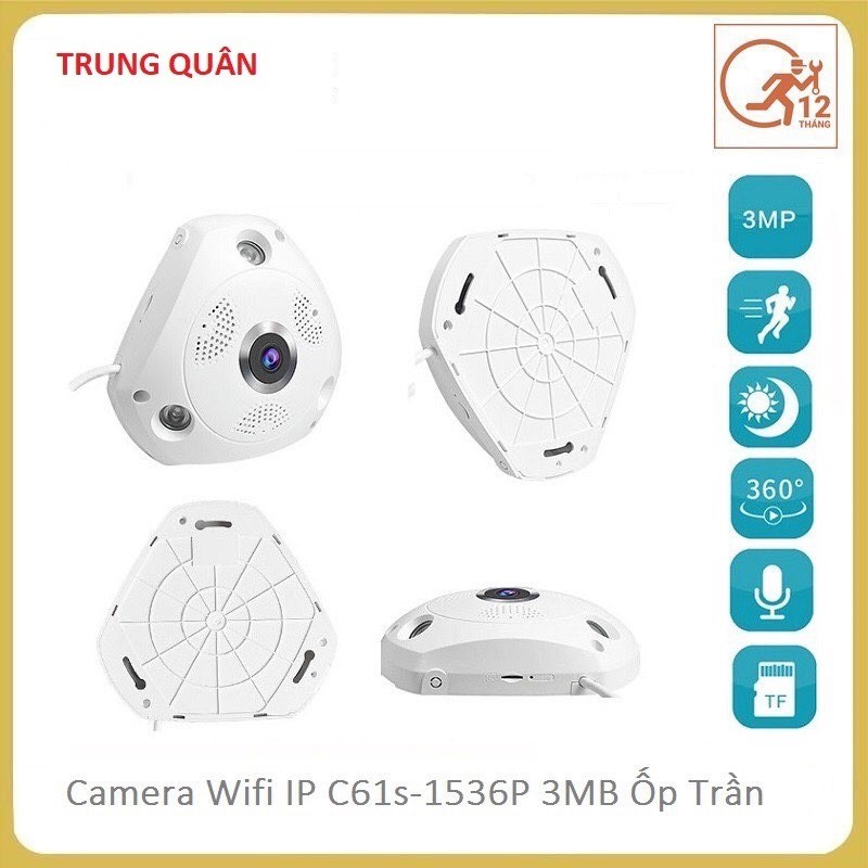 Camera wifi IP C61s FHD 1536P Vstarcam ốp trần, góc rộng 180 độ, toàn cảnh 360