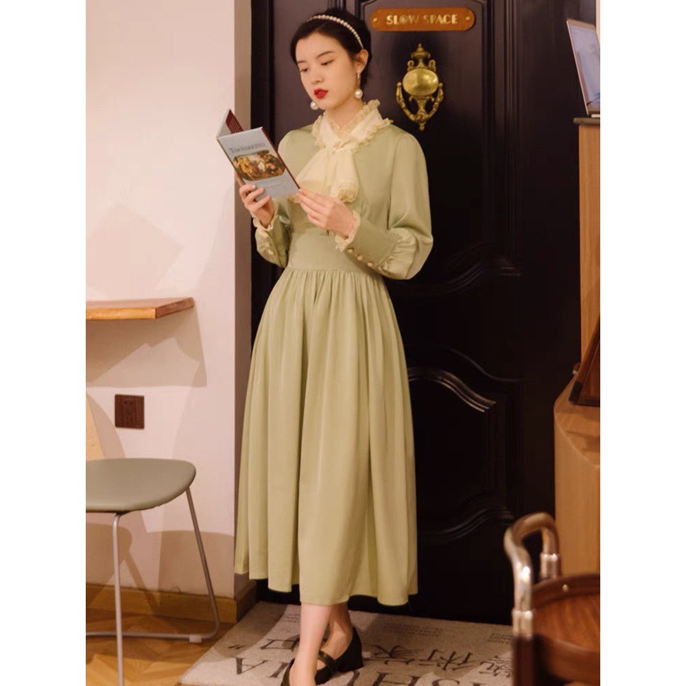 VÁY VINTAGE CỔ NƠ REN CÚC NGỌC,váy xoè nơ cổ,dáng chữ A