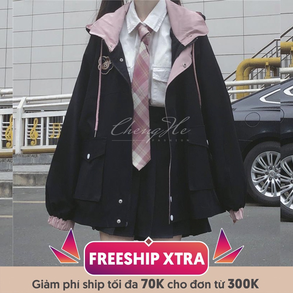 Áo khoác gió nữ 2 lớp kéo khoá oversize dáng rộng kèm mũ trùm phong cách JK Harajuku học sinh Nhật Bản A00277