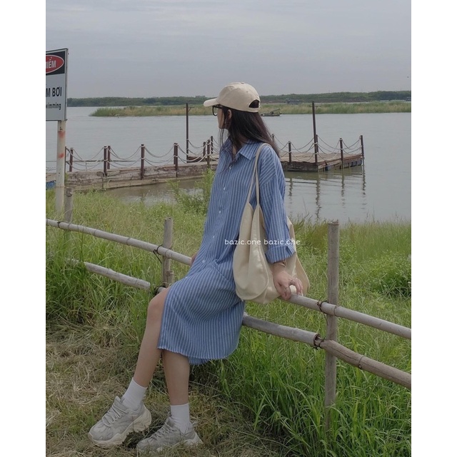 [SIEU SALE] Váy sơ mi kẻ caro xuông dài xanh (hàng sẵn) | BigBuy360 - bigbuy360.vn