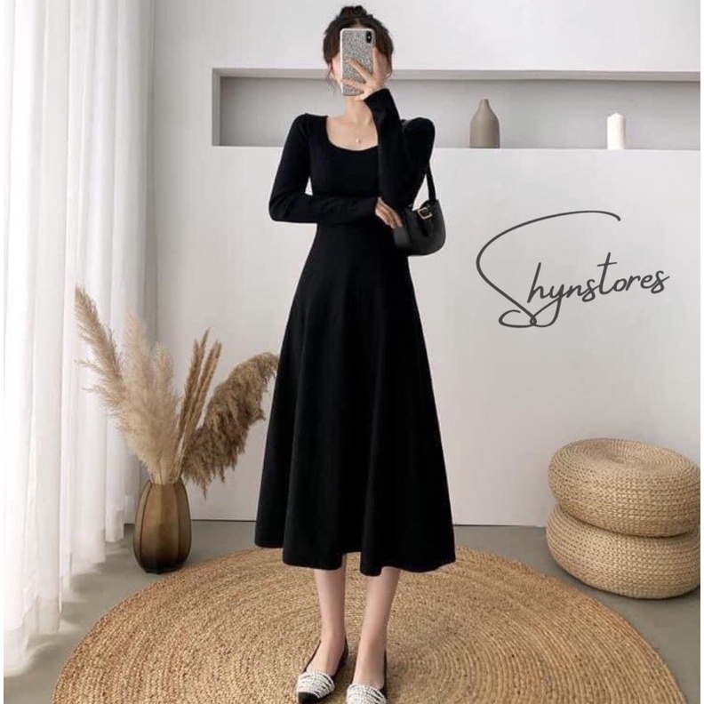 Đầm body len tăm Shynstores - đầm hotgirl cổ vuông đuôi xòe vải tăm co giãn