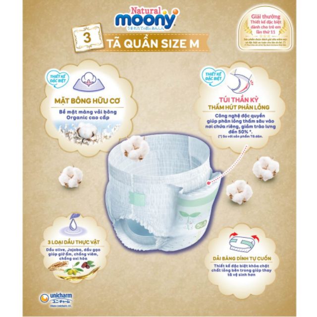 Tã Bỉm MOONY NATURAL TỪ BÔNG HỮU CƠ Nội Địa Nhật dán/quần NB63/S58/M48/L36