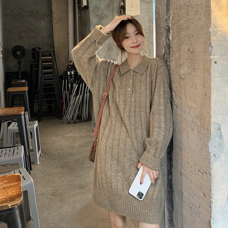 Váy len dệt kim xuông dáng dài thoải mái nâu tây Váy dệt kim thu đông 2021