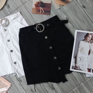 Chân váy kaki nút phối dây nịt