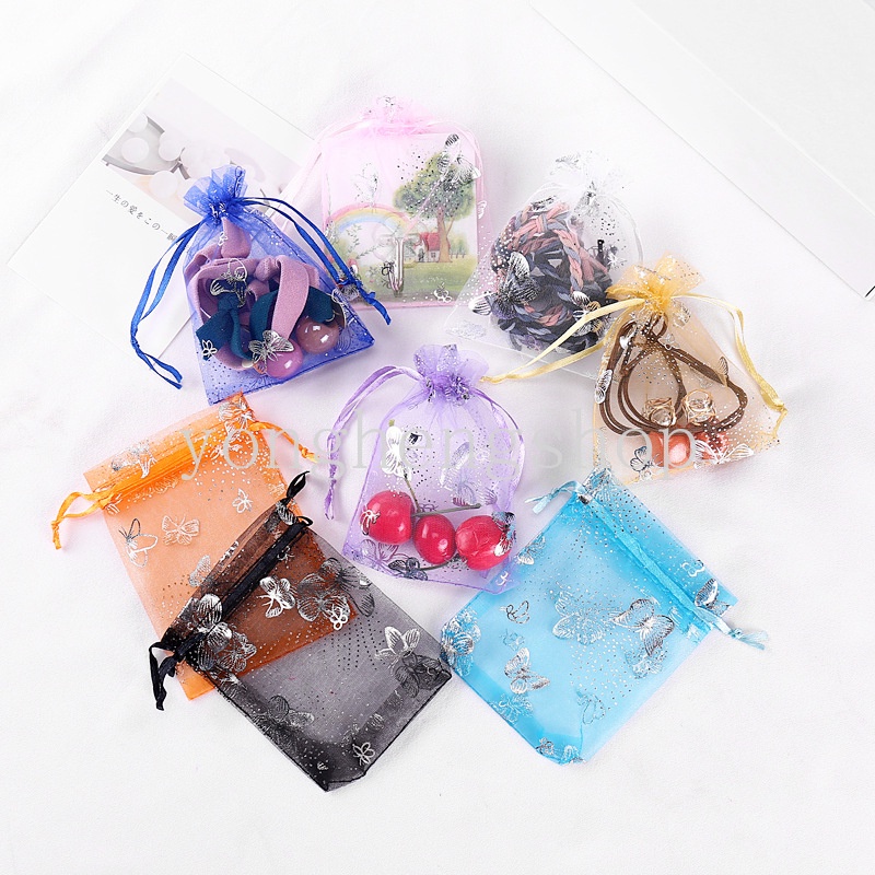 Set 100 Túi Lưới Rút Dây Đựng Kẹo Trang Sức Họa Tiết Bướm Cho Tiệc Cưới