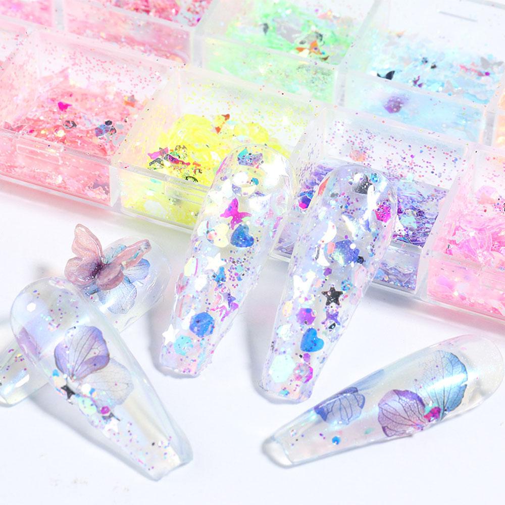 Hộp Kim Tuyến 12 Ngăn Màu Sắc Tươi Sáng Lấp Lánh Trang Trí Móng Nghệ Thuật DIY