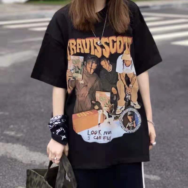 QOEDDV Áo thun ngắn tay dáng rộng in họa tiết retro cá tính độc đáo cho nam nữ