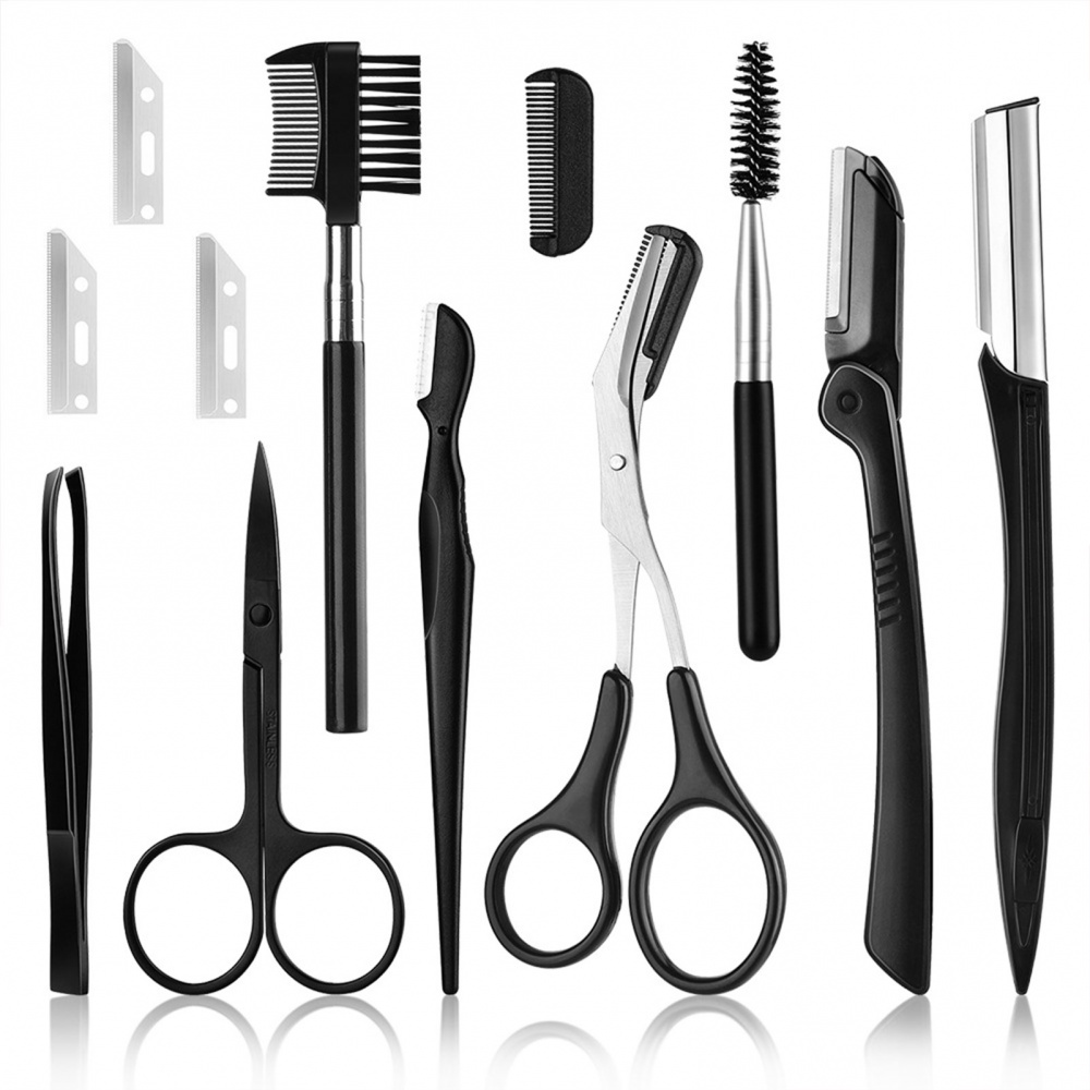 Bộ 11 Dụng Cụ Cạo Lông Mày Gồm Dao Cạo Lông Mày + Nhíp + Túi Đựng Tiện Dụng Cho Nữ