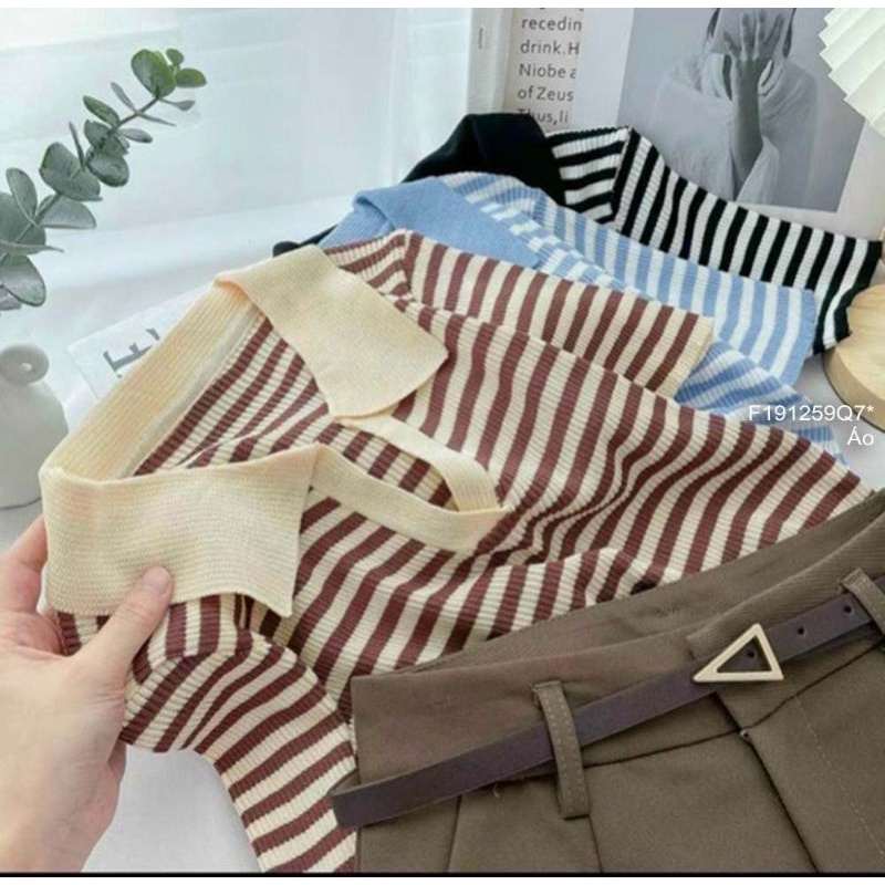 Áo len sọc cổ bẻ phối màu tay con hàng Quảng Châu!