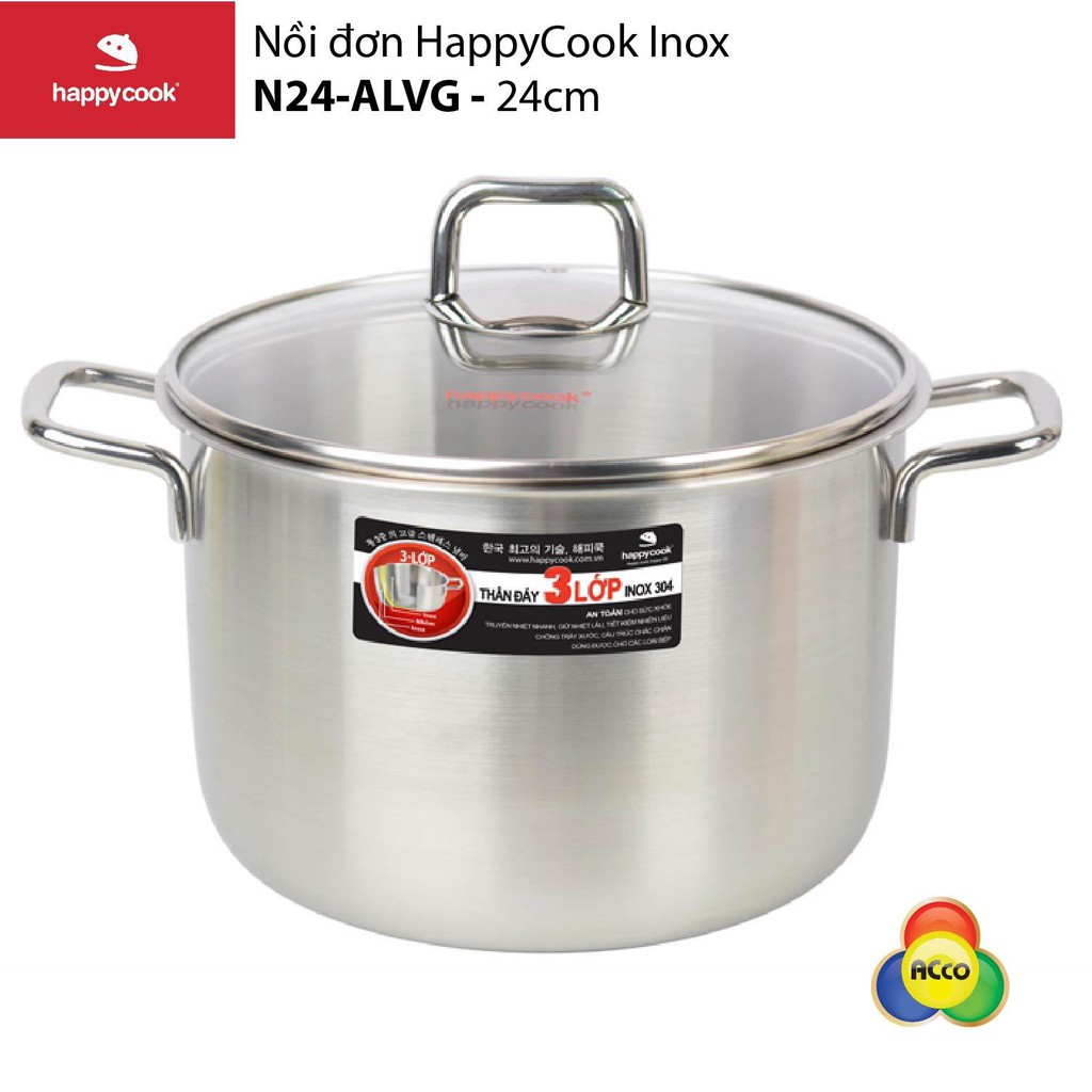Nồi inox 3 lớp Happy Cook Alvar N24-ALVG - 24cm dùng trên bếp gas, bếp hồng ngoại và bếp điện từ