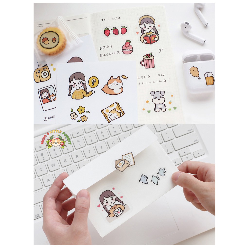 Sticker hoạt hình MIAO'S LITTLE FOREST set 2 tấm sticker nền trong Cute Character trang trí sổ tay bullet journal MST237