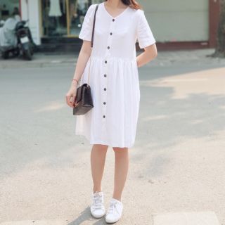Váy babydoll linen trắng/ đen khuy dừa