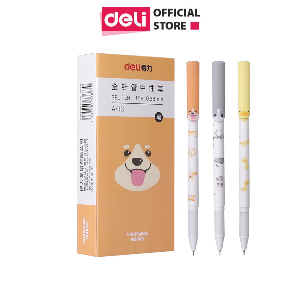 Bút bi nước học sinh mực gel đen 0.38mm Deli họa tiết đáng yêu nét viết đều trơn tru lâu hết mực chất lượng cao A416