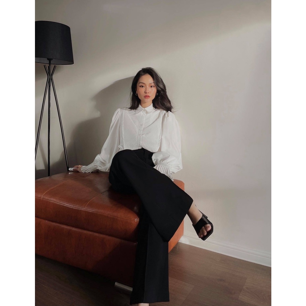 Áo sơ mi cotton lụa nữ HUONG BOUTIQUE HBSM931 tay bèo, dập ly