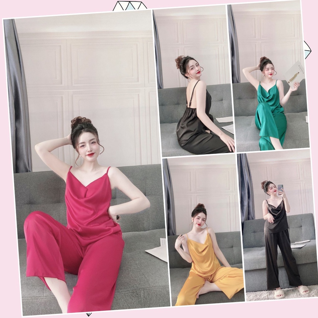 Bộ mặc nhà đẹp, bộ ngủ satin kiểu dáng cổ đổ, quần dài kín đáo, sang trọng, phom thoải mái- SCDD-00112