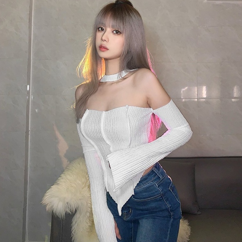 [AdorablexBeautiful] Áo Ống Tay Dài Cổ Yếm Trễ Vai Hở Lưng Nhiều Màu Phong Cách Sexy Quyến Rũ Ulzzang