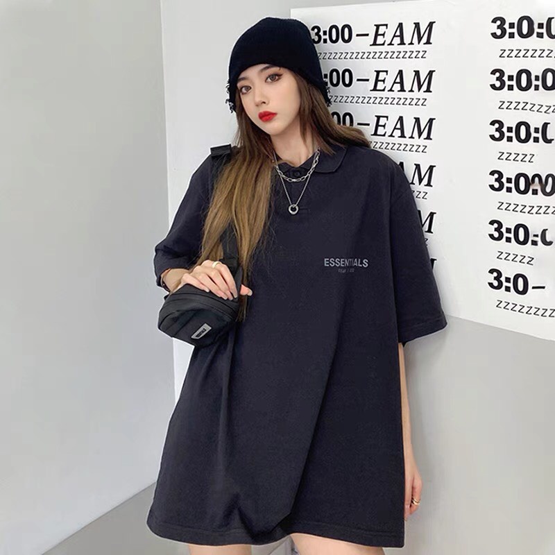 Áo PoLo form rộng  phong cách Hàn Quốc cổ bẻ- Áo Thun PôLô unisex  in chữ Essential trước ngực tay lỡ phong cách