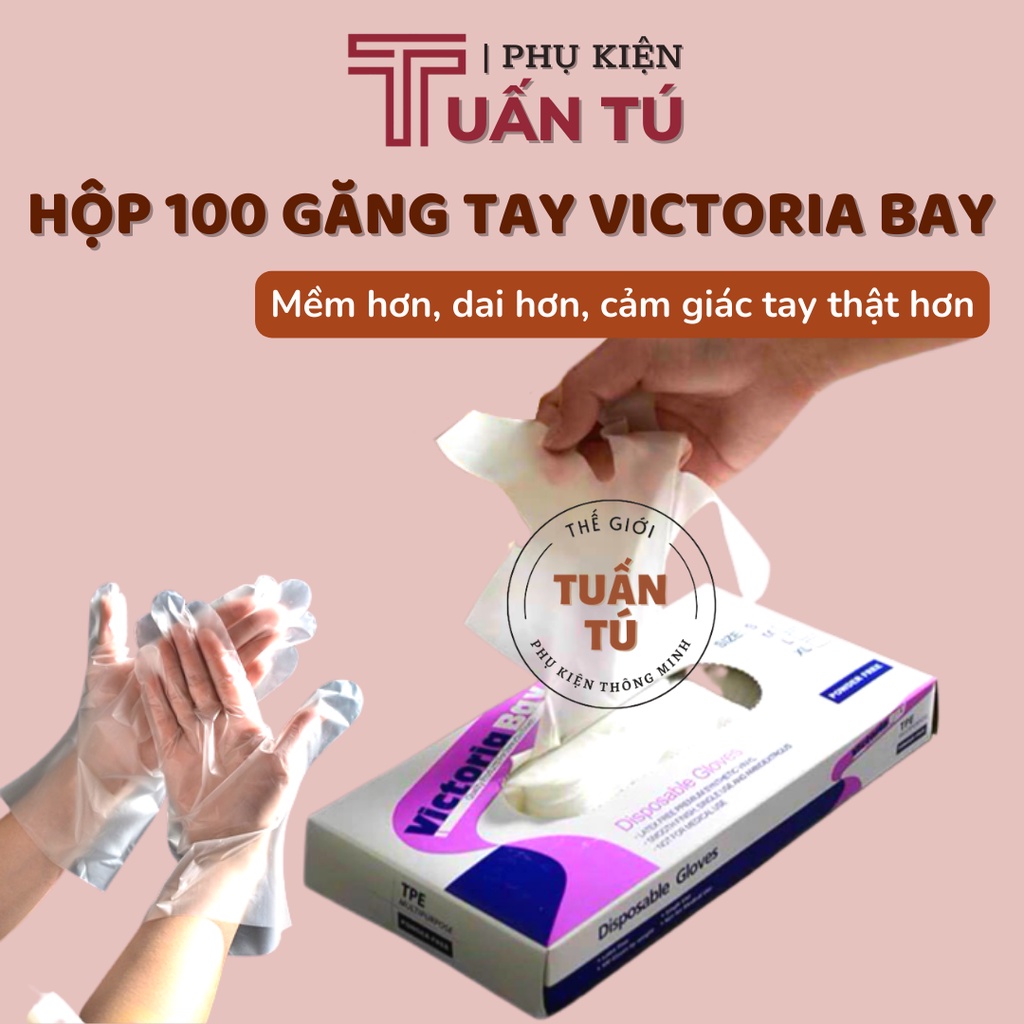 Hộp 100 găng tay Victoria Bay chất liệu TPE, Bao tay cao su rửa bát làm bếp vệ sinh siêu dai không mùi - Tuấn Tú Case