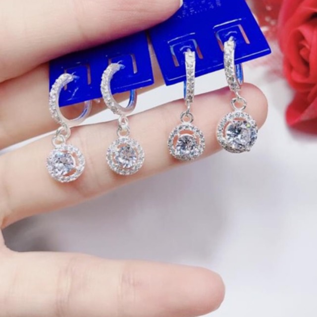 Bông tai nữ treo đá tròn đính đá nhân tạo bạc ta-THJ SILVER