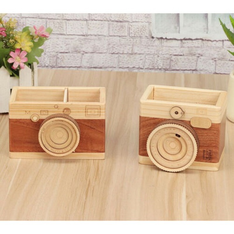 Giá Đỡ Bút Hình Máy Ảnh Hai Ống Bằng Gỗ Phong Cách Retro Sức Chứa Lớn