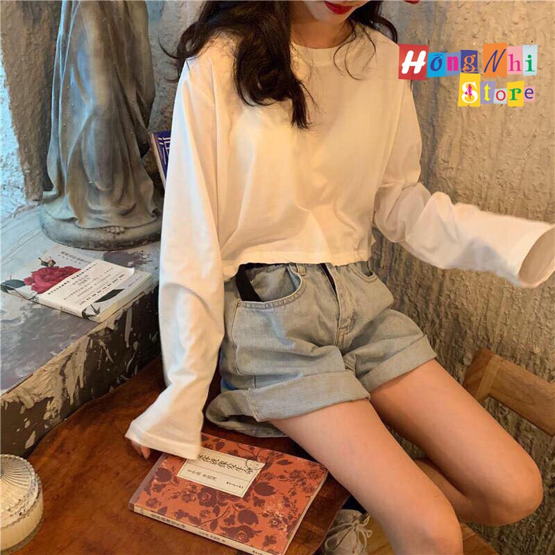 Áo Croptop Trơn Tay Dài Dáng Rộng Màu Trắng Long Tee Ulzzang - MM