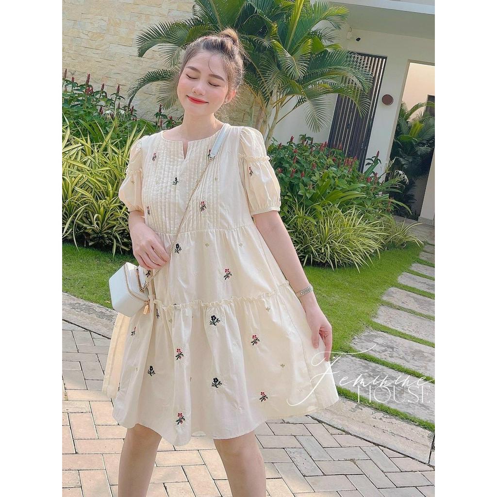 Váy babydoll chất vải thô đũi hoa thêu nổi phong cách dễ thương KAZY DRESS V057