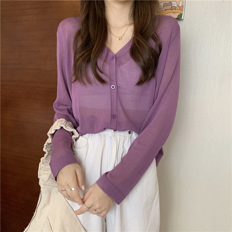 Áo Khoác Cardigan Mỏng Cổ Chữ V Dáng Rộng Dài Tay Thời Trang Mùa Hè Phong Cách Hàn Quốc Dành Cho Nữ 2022