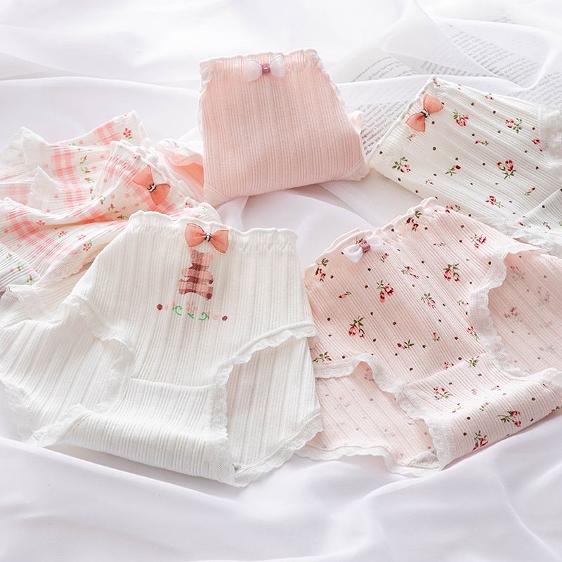Quần Lót Cotton Gân Tăm Phối Nơ Hoạ Tiết Hoa Hồng Dễ thương 1718