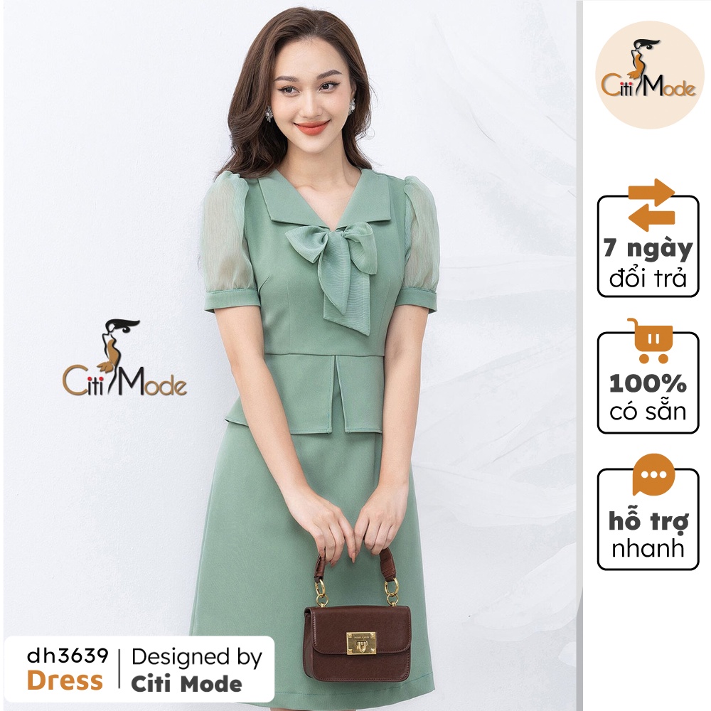 Đầm công sở CITI MODE dáng xòe peplum cổ bẻ ve nơ phối tay voan DH3639