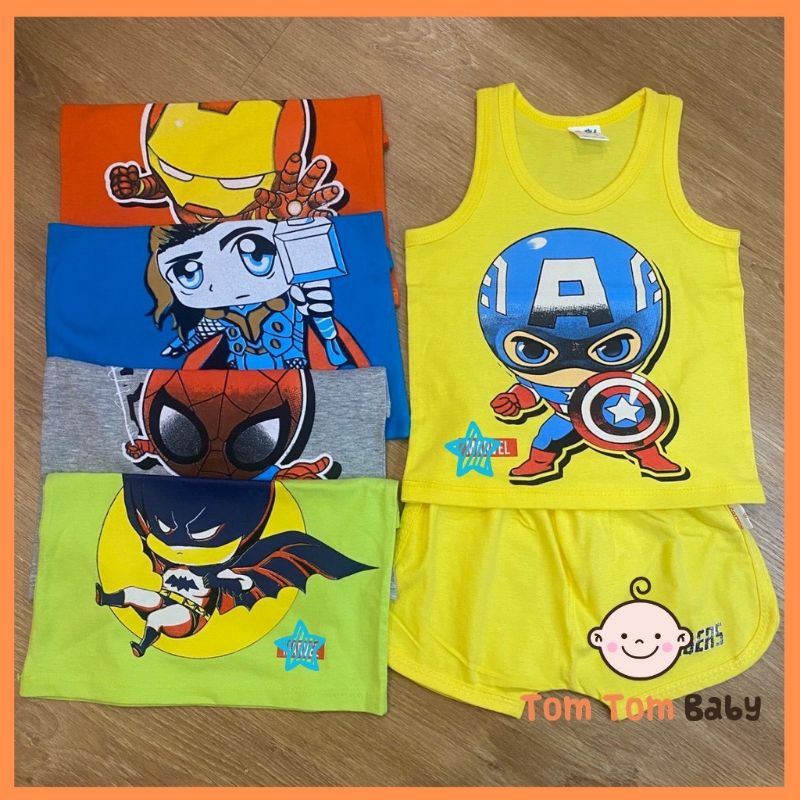 Bộ quần áo trẻ em Baby SuSu - Mẫu ba lỗ hoạt hình siêu nhân, chất vải cotton 100%,mềm mịn, size cho bé từ 5 đến 25