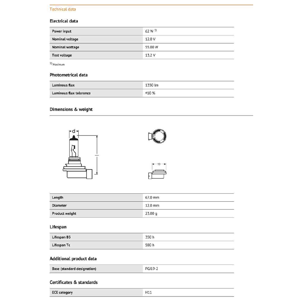 OSRAM H11 12V 55W 64211 PGJ19-2 3200K Bóng đèn Dây Gốc Halogen Đèn Pha Tự động OEM Chất Lượng OEM