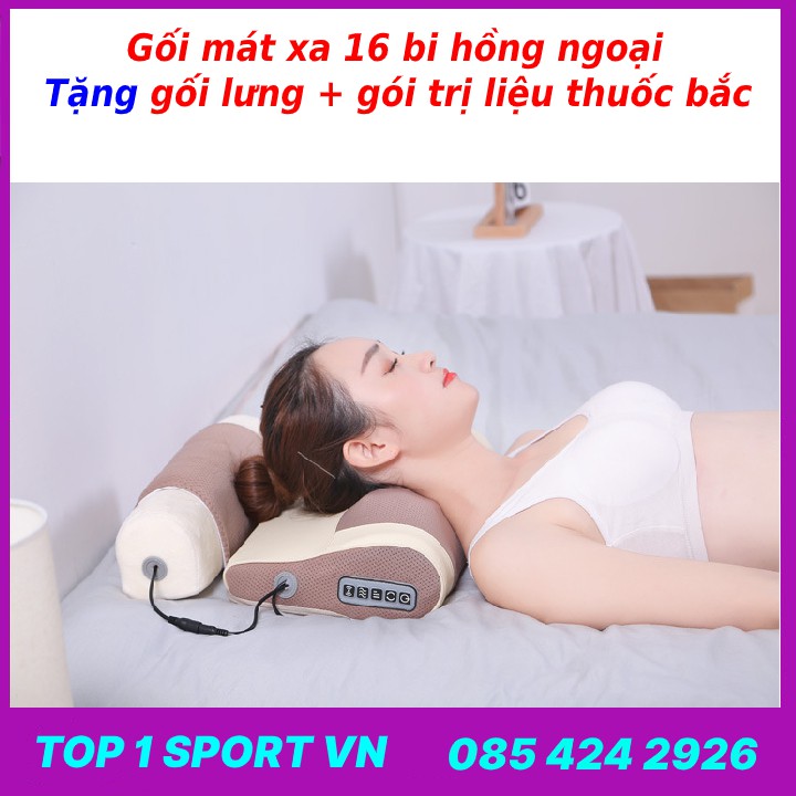 Gối mát xa - gối massage hồng ngoại 16 bi Junbu thế hệ 5.0 - Tặng kèm gối lưng + gói trị liệu thuốc bắc ngải cứu