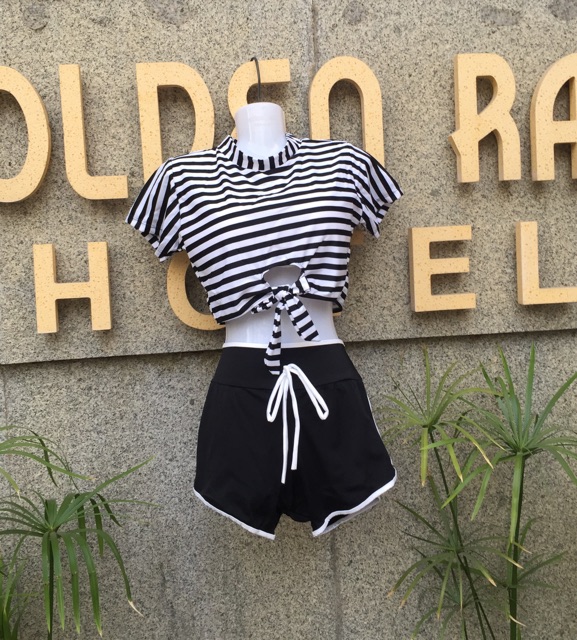 Bikini Bộ Bơi Đồ Bơi Nữ Áo Croptop Tay Ngắn Kèm Quần Đùi Kiểu Dáng Thể Thao Free Size Dưới 55Kg - Lucky Girl shop | BigBuy360 - bigbuy360.vn