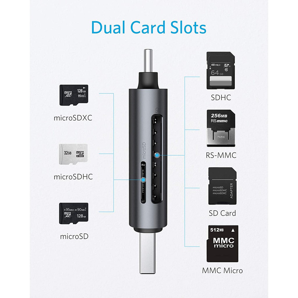 Đầu Đọc Thẻ 2in1 Anker Type C và USB 3.0 A8326, Hỗ Trợ SD Card và TF