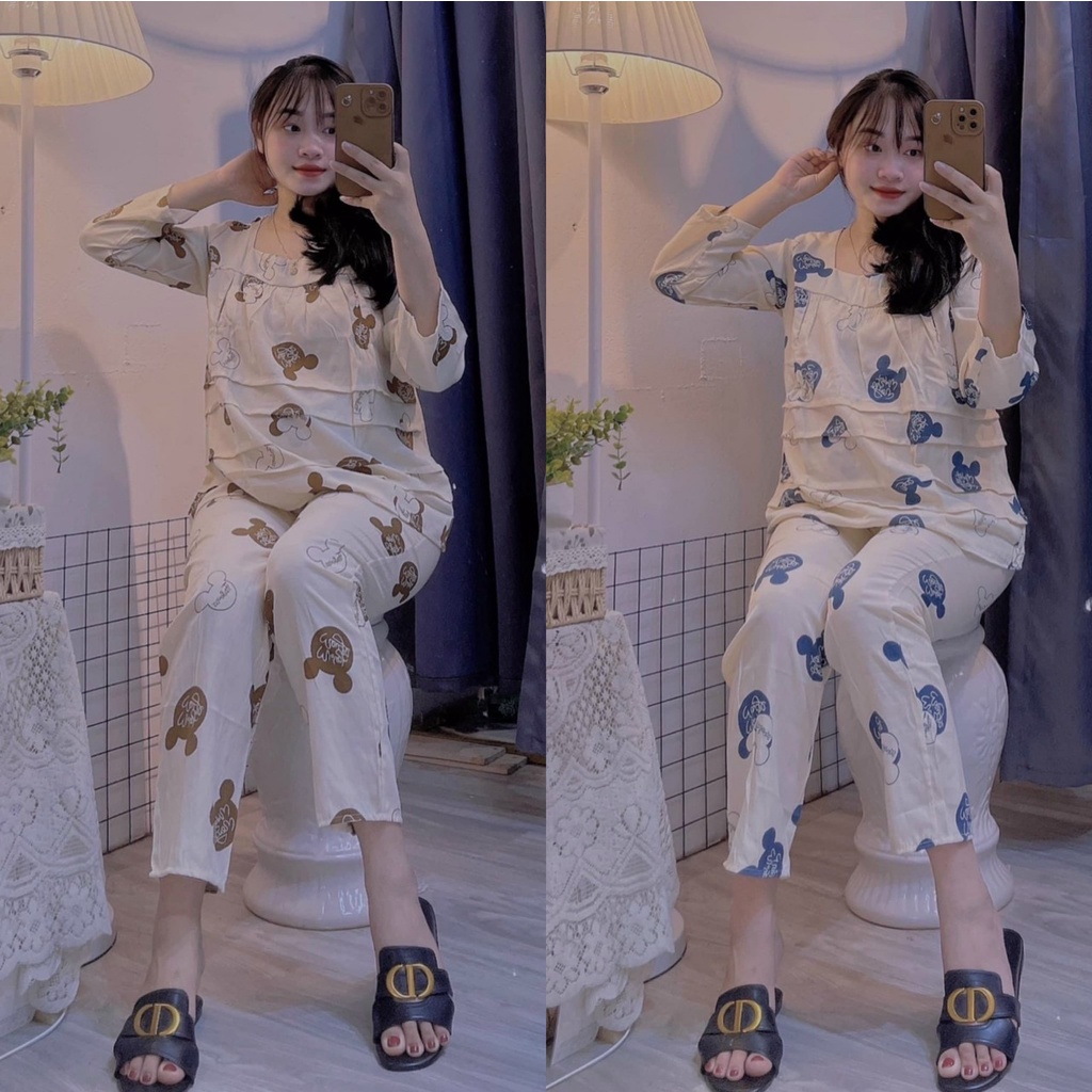 Bộ đồ bầu cổ vuông mặc đi ngủ học tiết hoạt hình, bộ đồ mặc bầu và sau sinh chất Đũi có khoá ngực