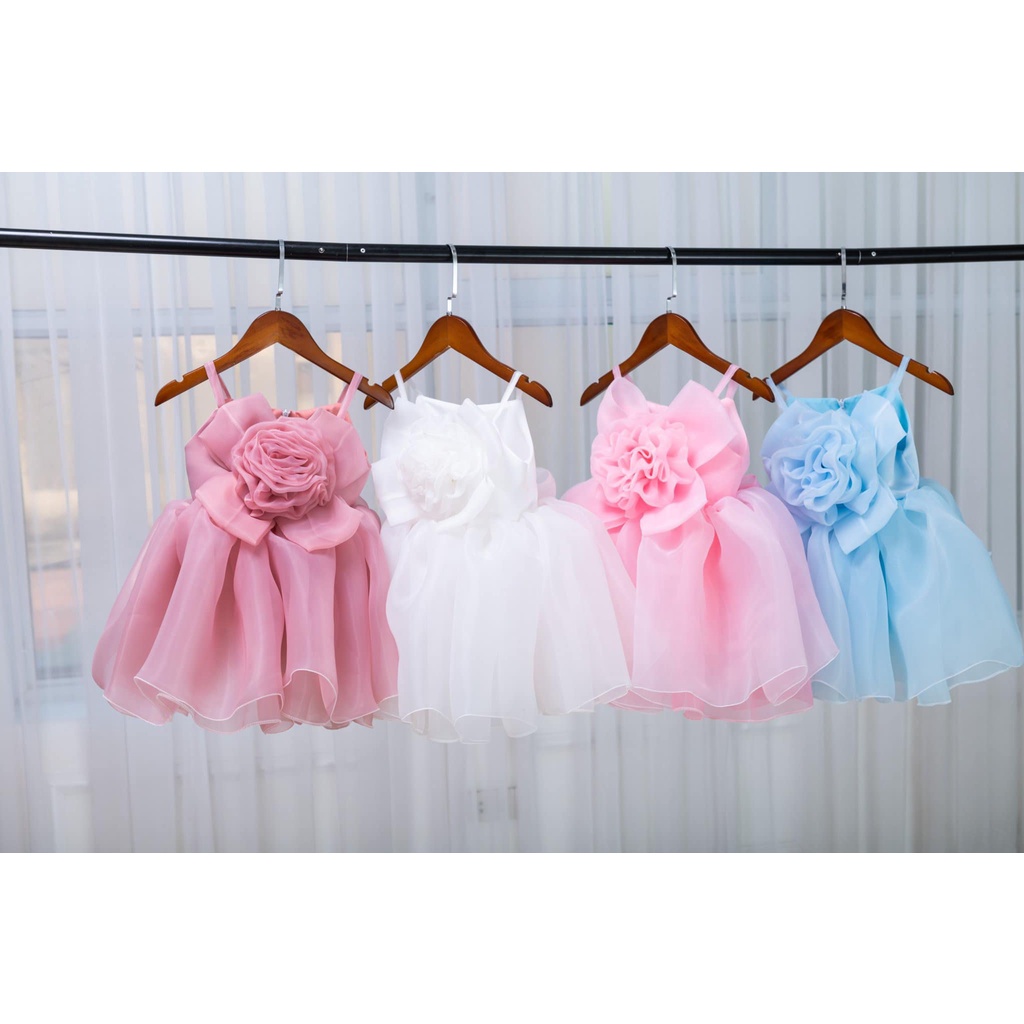 Váy Công Chúa Cho Bé Gái Thiết Kế Hoa Hồng Trước Ngực Nơ Lưng Cực Xinh, Đầm Công Chúa 2 Dây Hoa Nơ 4 Cánh Cao Cấp