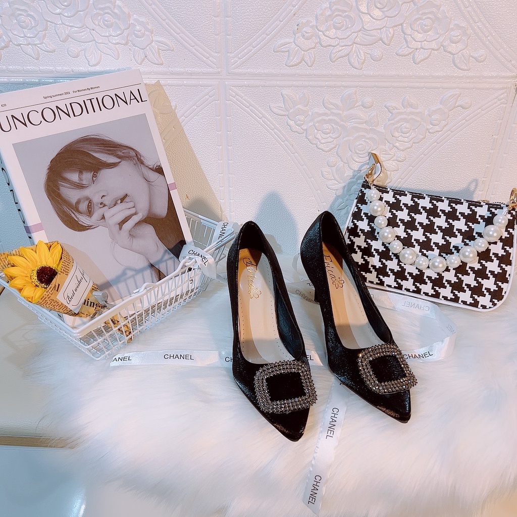 [XẢ HÀNG SHOP] GIÀY CAO GÓT LỤA BÓNG GÓT NHỌN 8P TAG ĐÁ VUÔNG ĐEN HUYỀN BÍ