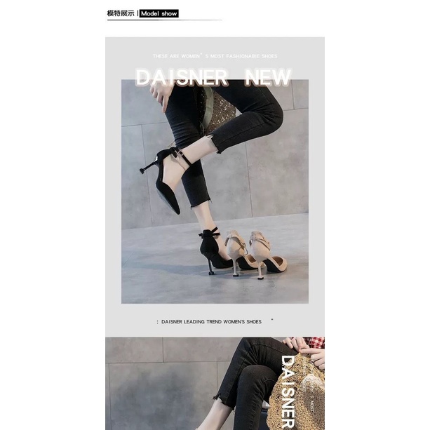 Giày cao gót mũi nhọn màu đen phối khóa cài trước thời trang cho nữ