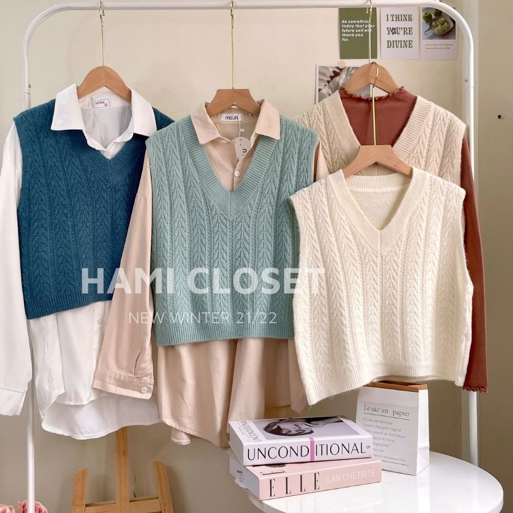 Áo gile len màu trơn họa tiết, chất mềm dáng ghile ngắn