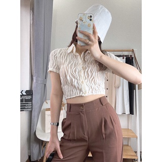 Xả lỗ áo sơmi ulzzang nữ vải nhăn , áo sơmi cách điệu co dãn phong cách hàn quốc march.clothes