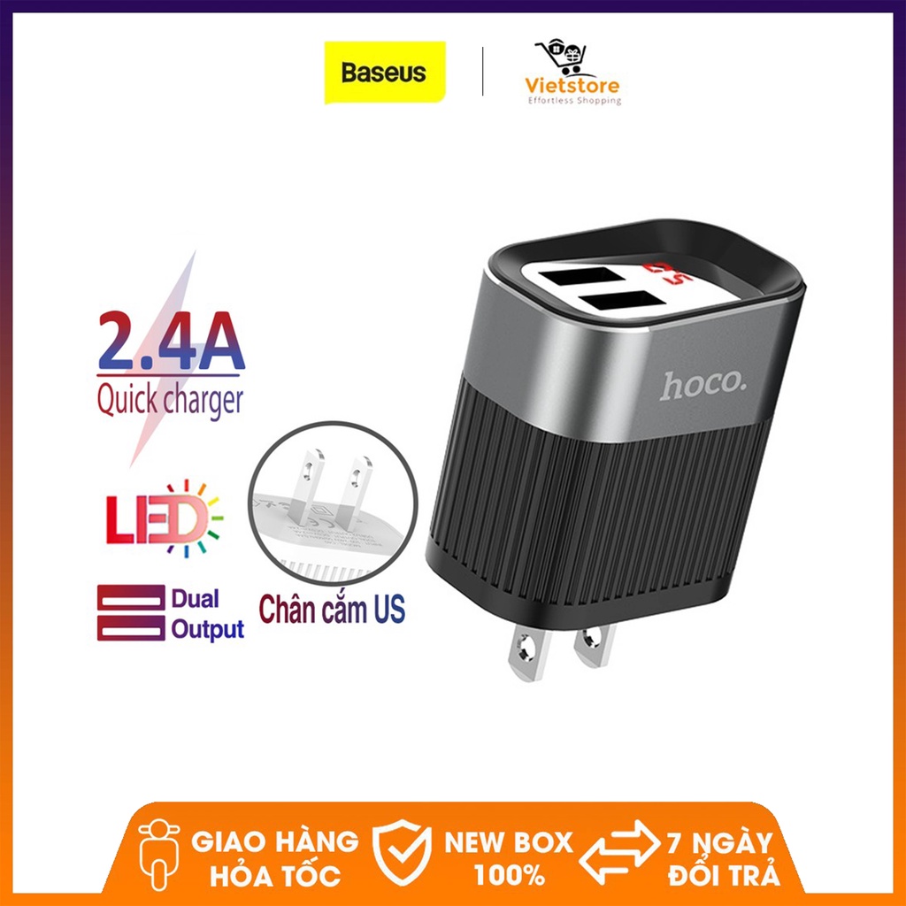 Củ sạc nhanh thông minh Hoco C40 công xuất 2.4 A 2 cổng USB có màn hình Led hiển thị dòng sạc