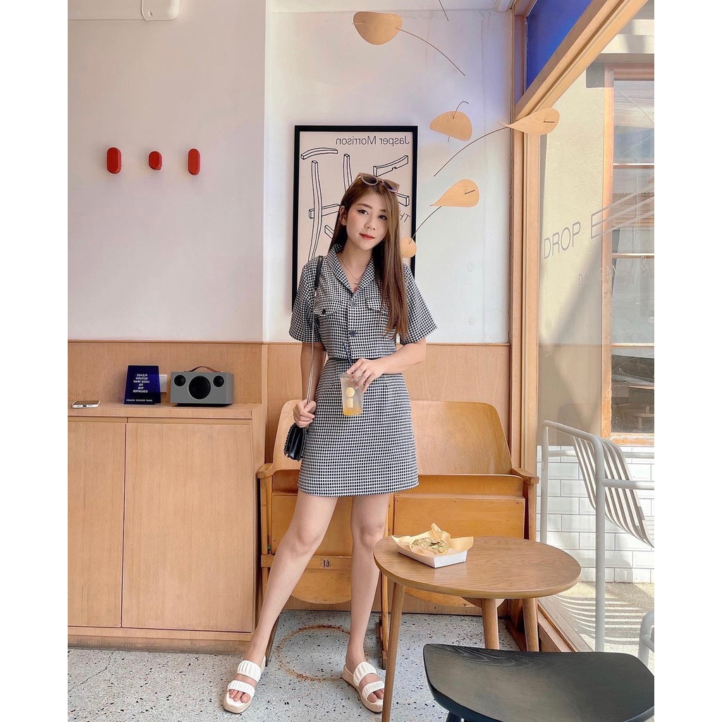 SET áo VEST CARO dáng ngắn crotop mix chân váy chữ A ngắn kẻ sang chảnh tiểu thư