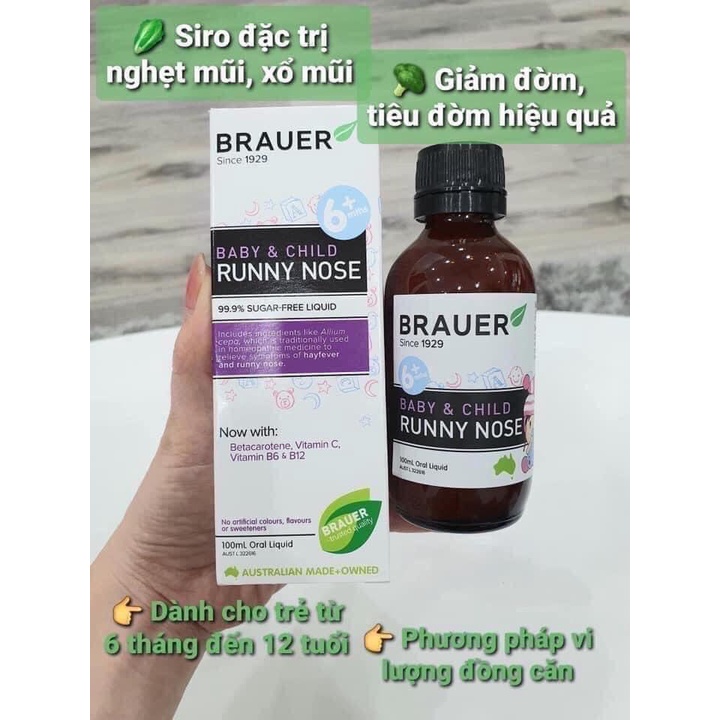 Siro sổ mũi Brauer Runny Nose của Úc cho bé từ 6 tháng tuổi 100ml mẫu mới, Hàng chuẩn úc đi air, Date xa