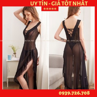 Đầm ngủ dáng dài - Váy ngủ xuyên thấu không nội y sexy quyến rũ gợi cảm xẻ tà cao kèm quần lọt khe MÀU ĐEN