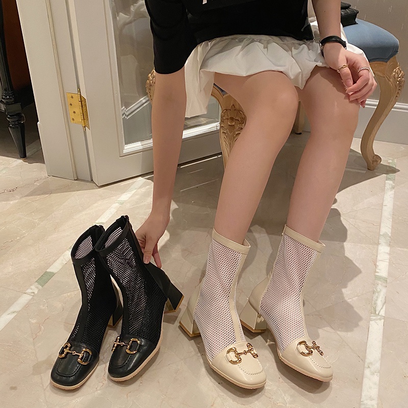 2021Summer Hot Hollow Mesh Black and White Dr. Martens Boots Chunky Heel Mid Heel Square Toe High Heel Ankle Boots Sandal Boots Mesh Boots Women