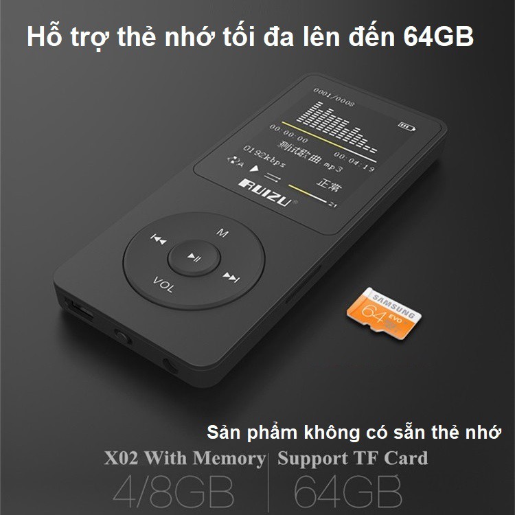 Máy nghe nhạc mp3 Ruizu X02 bộ nhớ trong 8G hỗ trợ thẻ nhớ lên đến 64G - Music Player Ruizu X02