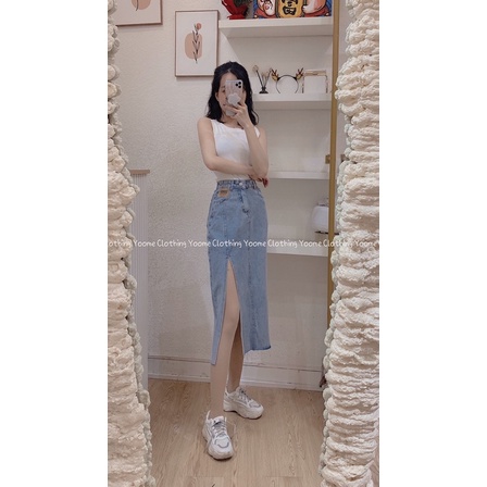 Chân váy bò dài xẻ đùi, chân váy jean dài xẻ QCCC chất bò dày dặn size S M L cho nữ Yoome clothing