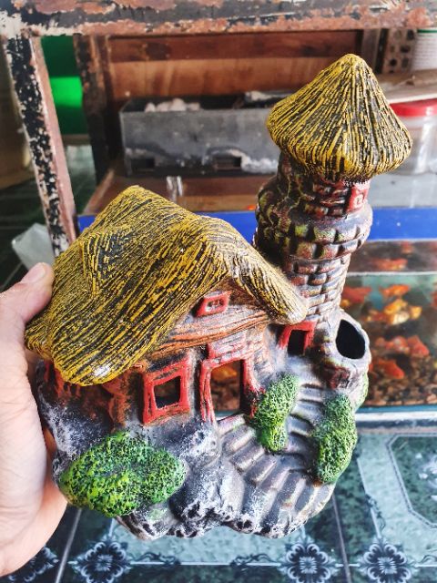 NHÀ ỐNG KHÓI TRANG TRÍ HỒ CÁ NON BỘ 17X15x18cm